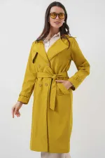 Trench-coat doublé à double boutonnage et ceinture pour femme, couleur moutarde, HZL25W-BD159181