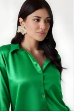 Kadın Koyu Yeşil Hafif Dökümlü Saten Yüzeyli Gömlek HZL22W-BD139641