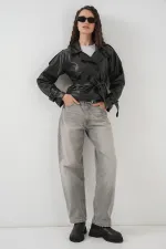 Women's Belted Faux Leather Jacket 1046 - Black