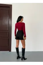 Kadın Bordo Göğüs Dekolteli Metal Detaylı Uzun Kollu Bluz HZL25W-FRY123501