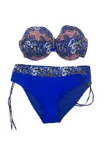 Kadın Mavi Çiçek Desenli Büyük Beden Astarlı Lacivert Bikini Takım HZL25S-LC3301