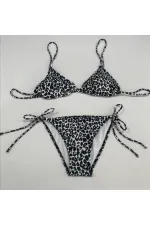 Kadın Leopar Siyah Boyundan İp Bağlamalı Üçgen Bikini Takımı HZL25S-LC5005