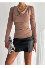 Kadın Bej Degaje Yaka Yandan Büzgülü Uzun Kol Sandy Bluz HZL24W-FRY122481