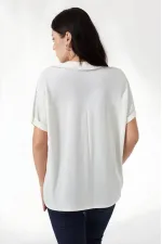 Kadın Ekru Polo Yaka Geniş Kesim Örme Bluz HZL24S-BD104861