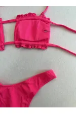 Kadın Pembe İp Bağlamalı Büzgülü Straplez Bikini Takım HZL25S-LC2226