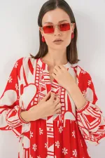 Kadın Desenli Uzun Tesettür Elbise 2585 - N. Kırmızı