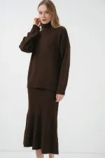 Ensemble deux pièces (pull, jupe et tricot) 15892 - Marron