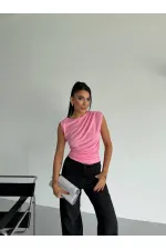 Chemisier rose sans manches à fronces pour femme, couleur sable, référence HZL26W-FRY122751