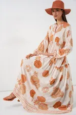 Kadın Desenli Uzun Tesettür Elbise 2585 - D. Turuncu