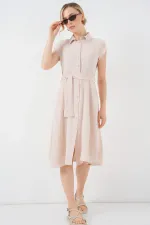 1677 Boydan Düğmeli Kuşaklı Elbise - Krem