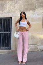 Kadın Pembe Beli Lastikli Rahat Kesim Bürümcük Pantolon HZL25S-DSB163631