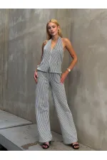 Kadın Siyah Çizgili Önü Fermuarlı Bluz Pantolon İkili Takım HZL25S-ZK13691