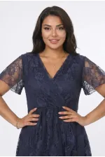 Kadın Lacivert Büyük Beden V Yaka Astarlı Dantel Detaylı Şık Abiye Elbise HZL26S-PR11071