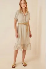 Kadın Vizon Gömlek Yaka Düğmeli  Hasır Kemerli Ayrobin Elbise HZL22S-BD122921