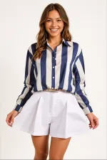 Kadın Lacivert Krem Çizgili Saten Gömlek HZL23S-BD1201731