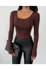 Kadın Kahverengi Uzun Kollu Arkası Bağlamalı Fit Kesim Crop Bluz HZL25W-FRY122771