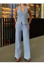 Kadın İndigo Çizgili Önü Fermuarlı Bluz Pantolon İkili Takım HZL25S-ZK13691