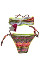 Kız Çocuk Neon Sarı Çok Renkli Astarlı 4-12 Yaş Straplez Bikini Takım HZL24S-LC6355