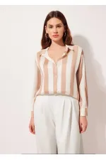 Kadın Bej Krem Çizgili Saten Gömlek HZL23S-BD1201731