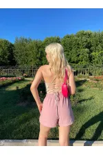 Kadın Gül Kurusu Beli Lastikli Yırtmaç Detaylı Cepli Keten Şort HZL24S-ZK11071