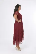 Kadın Bordo Büyük Beden V Yaka Astarlı Dantel Detaylı Şık Abiye Elbise HZL26S-PR11071