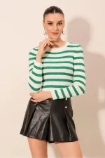 Kadın Yeşil Çizgili Bisiklet Yaka Triko Kazak HZL24W-BD1101331