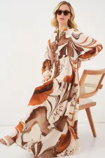 Kadın Desenli Uzun Tesettür Elbise 2585 - Kahverengi