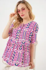 Women's Patterned Short-Sleeve Blouse 969 - Fuchsia