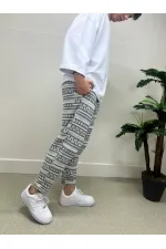 Erkek Ekru Etnik Desenli Beli İp Bağlamalı Düz Kesim Cepli Pantolon Eşofman Altı HZL24S-MXC8948-245