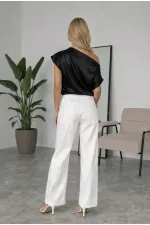 Women's Black One-Shoulder Asymmetrical Satin Blouse HZL26W-FRY121171