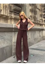 Kadın Kahverengi Beli Lastilkli Gofre Kumaş Pantolon HZL24S-ZK13261