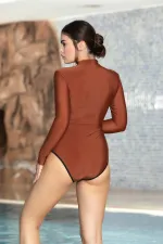 Kadın Kiremit Fermuarlı Uzun Kollu Likralı Dikili Ped Tek Parça Yüzücü Mayo HZL24S-AR1855