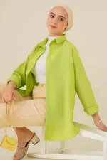 Kadın Tesettür Fıstık Yeşil Geniş Kalıp Uzun Basic Gömlek HZL24W-BD139001