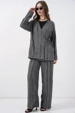 Ensemble deux pièces pantalon kimono en maille pour femme 30067 - Gris