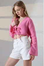 Kadın Pembe Önden Bağlamalı Müslin Kumaş Crop Bluz HZL25S-DSB104071