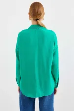 Kadın Su Yeşil Tek Cepli Oversize Keten Ayrobin Gömlek HZL24S-BD1201531