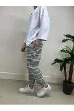 Erkek Ekru Etnik Desenli Beli İp Bağlamalı Düz Kesim Cepli Pantolon Eşofman Altı HZL24S-MXC8948-245