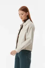 Veste courte en similicuir écru pour femme, doublée avec poches, HZL23W-BD110331