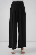 Pantalon plissé à jambes larges pour femme 6718 - Noir