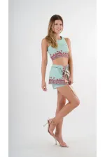 Kadın Su Yeşili Etnik Desenli Beli Kuşaklı Bluz Şort İkili Takım HZL24S-YY261