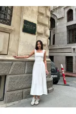 Kadın Beyaz Arkadan İp Bağlamalı Yırtmaç Detaylı Keten Elbise HZL25S-ZK11241