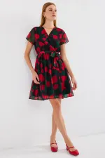 Robe courte en mousseline à motifs, manches courtes, noire (réf. 2502)