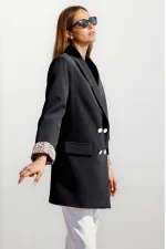 Blazer noir à boutons et doublure léopard pour femme HZL25W-BD107041