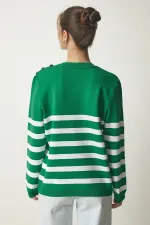 Kadın Yeşil Beyaz Çizgili Omuzdan Düğme Detaylı Bisiklet Yaka Kazak HZL24W-BD1102081