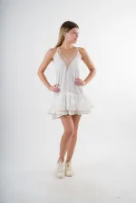 Kadın Ekru V Yaka İp Askılı Eteği Pileli Güpür Detaylı Elbise HZL24S-YY244