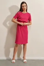 Women's Fuchsia Elastic Waist Button Detailed Casual Knit Dress HZL22S-BD123751