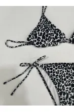Kadın Leopar Siyah Boyundan İp Bağlamalı Üçgen Bikini Takımı HZL25S-LC5005