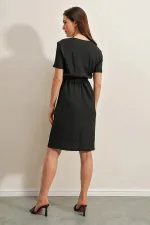 Women's Black Elastic Waist Button Detailed Casual Knitted Dress HZL22S-BD123751