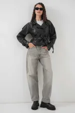 Veste en similicuir doublée noire avec ceinture pour femme HZL25W-BD110461