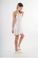 Kadın Beyaz V Yaka İp Askılı Eteği Pileli Güpür Detaylı Elbise HZL24S-YY244